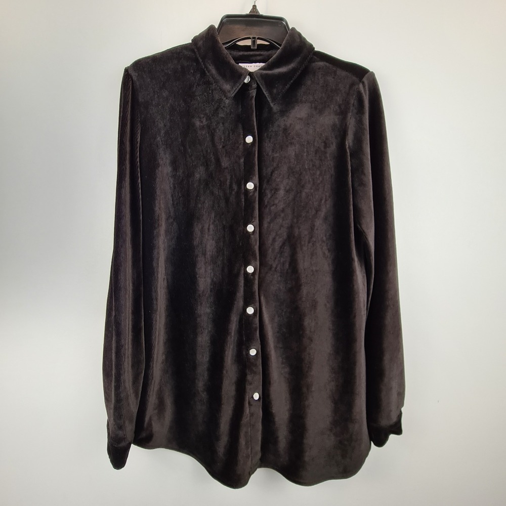 Susan Graver Womens Black Corduroy Velour Button Down Shirt XS Long Sleeve